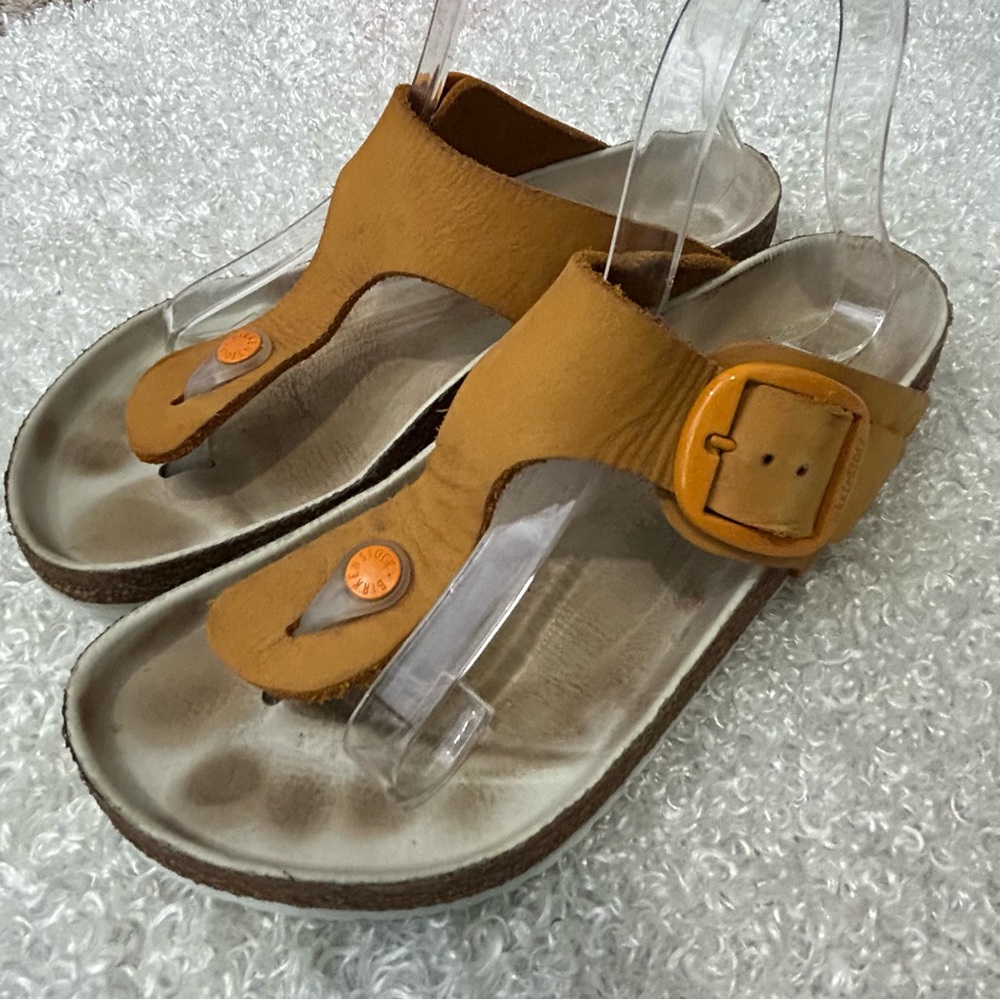 Birkenstock Mustard Leather Thong Sandals with Buckle Accent